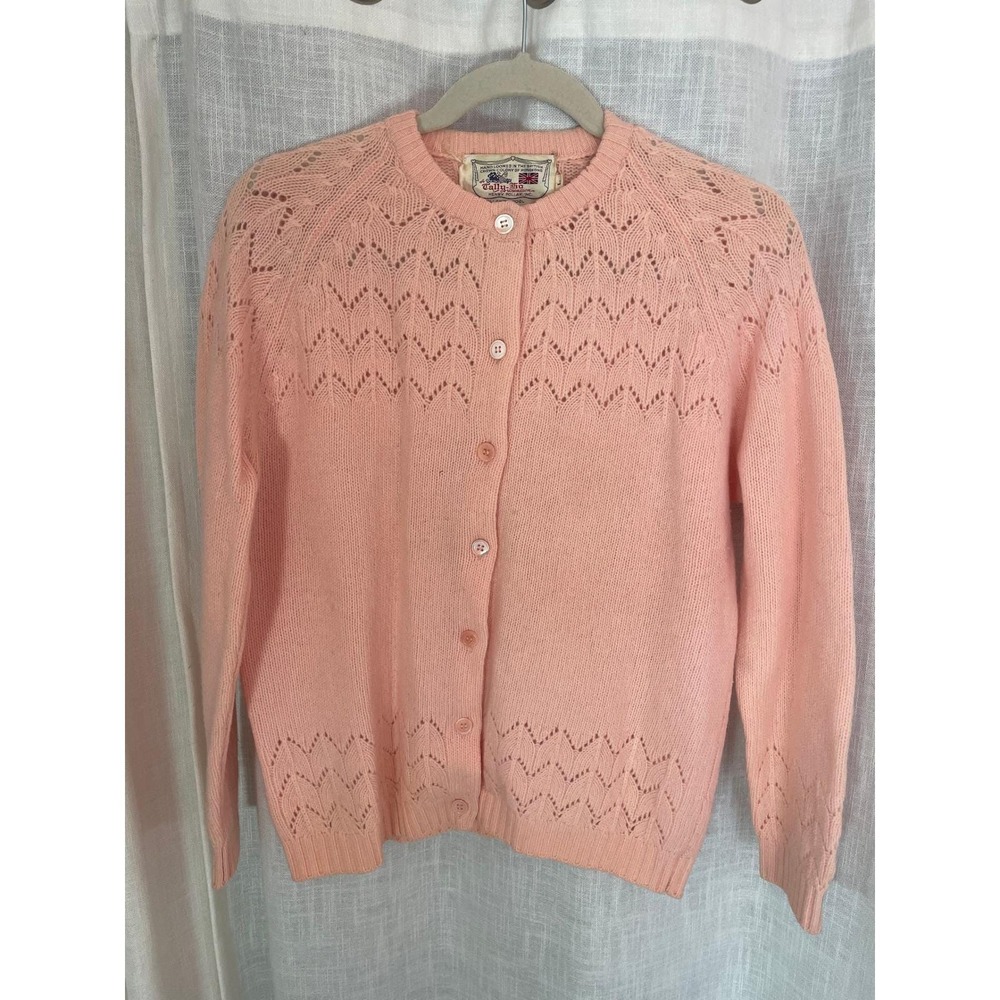 Vintage Tally-Ho Hong Kong Wool Blend Cardigan Sweater Pink Pointelle 1950s‎ GUC